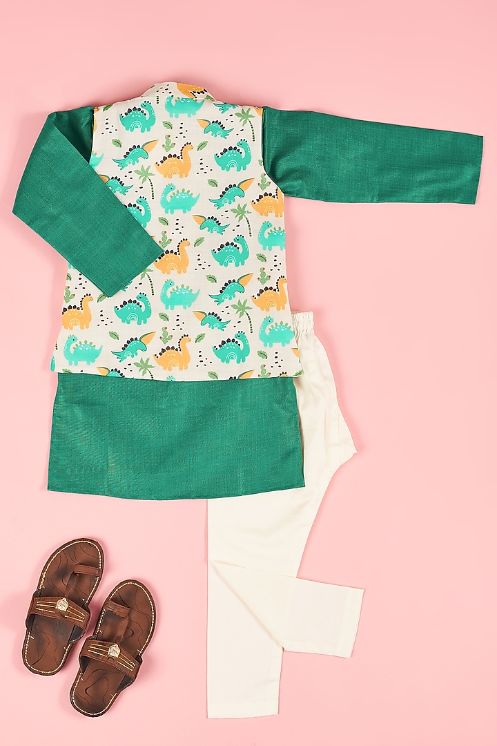 Teal Cotton Kurta Set With Bundi Jacket For Boys by The Plum Bum at Pernia's Pop Up Shop