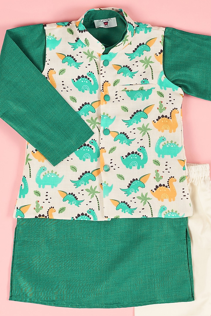 Teal Cotton Kurta Set With Bundi Jacket For Boys by The Plum Bum at Pernia's Pop Up Shop