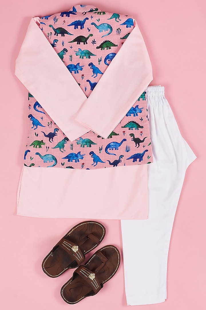 Pink Linen Bundi Jacket With Kurta Set For Boys by The Plum Bum at Pernia's Pop Up Shop