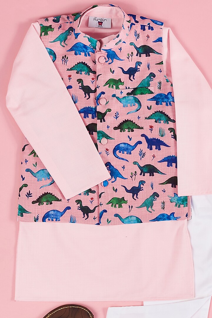 Pink Linen Bundi Jacket With Kurta Set For Boys by The Plum Bum at Pernia's Pop Up Shop