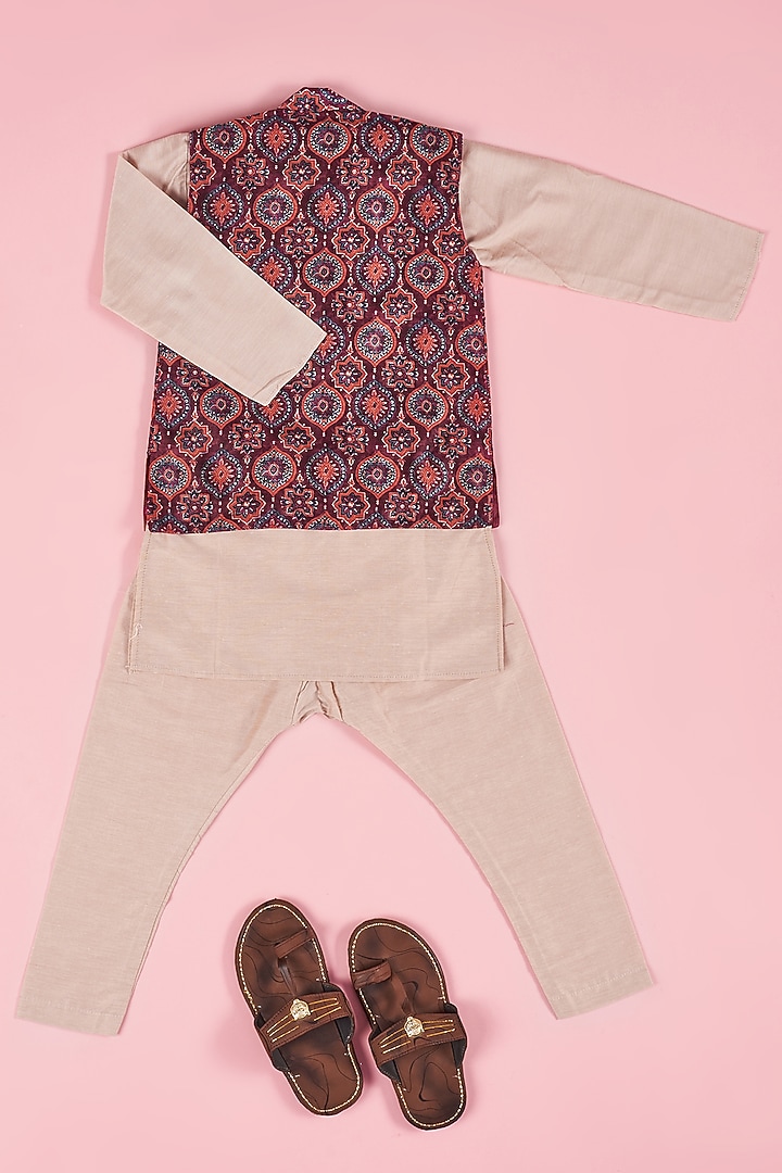 Beige Glace Cotton Kurta Set With Printed Jacket For Boys by The Plum Bum at Pernia's Pop Up Shop