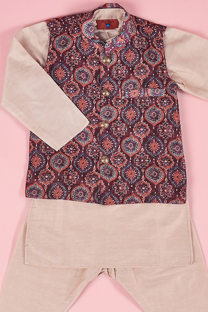 Beige Glace Cotton Kurta Set With Printed Jacket For Boys by The Plum Bum at Pernia's Pop Up Shop