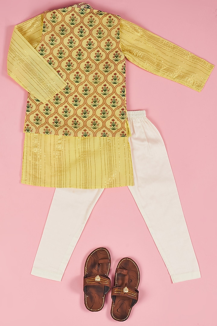 Yellow Cotton Lurex Kurta Set With Nehru Jacket For Boys by The Plum Bum at Pernia's Pop Up Shop