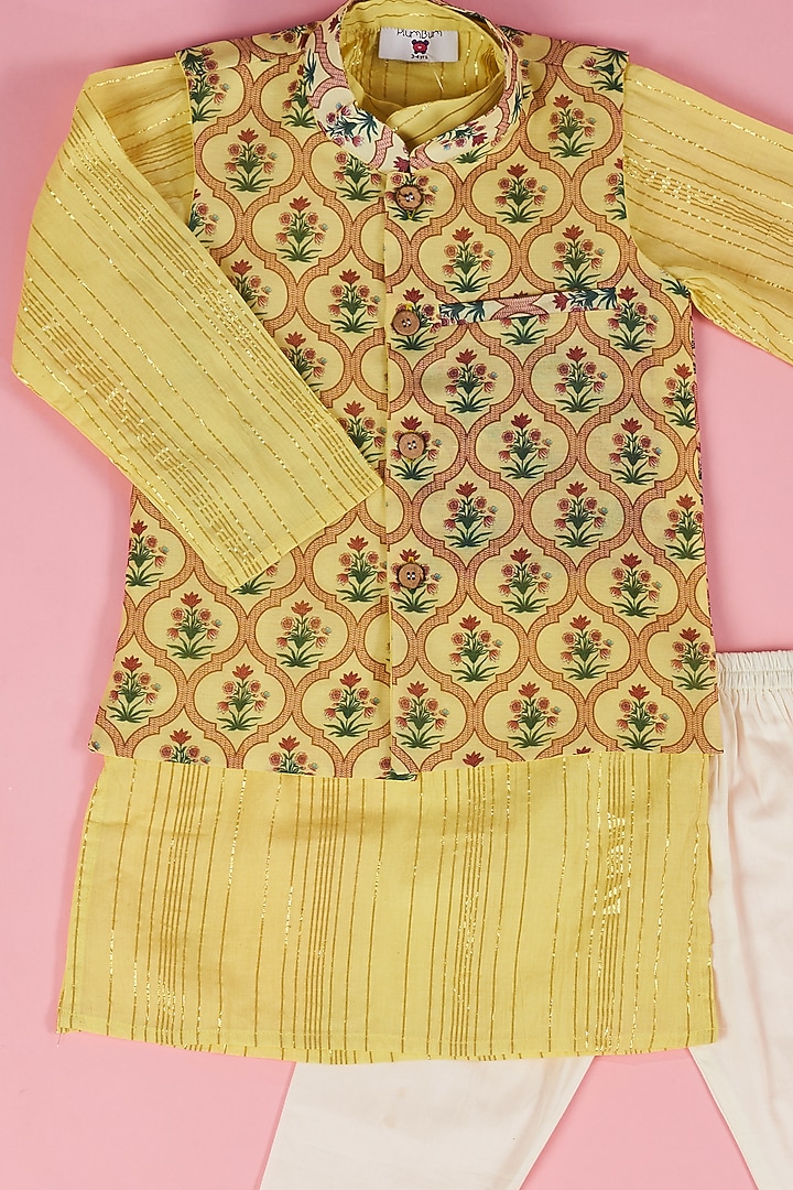 Yellow Cotton Lurex Kurta Set With Nehru Jacket For Boys by The Plum Bum at Pernia's Pop Up Shop