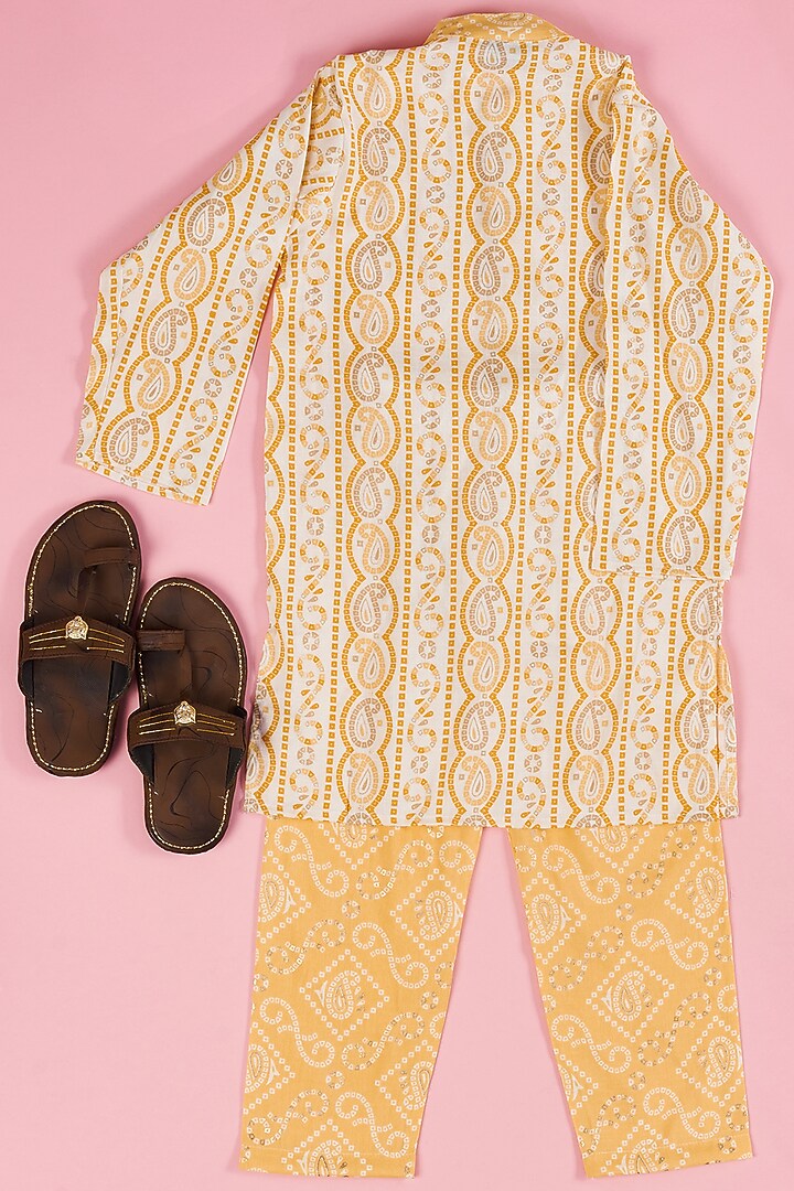 Yellow Cotton Rayon Bandhani Printed Kurta Set For Boys by The Plum Bum at Pernia's Pop Up Shop