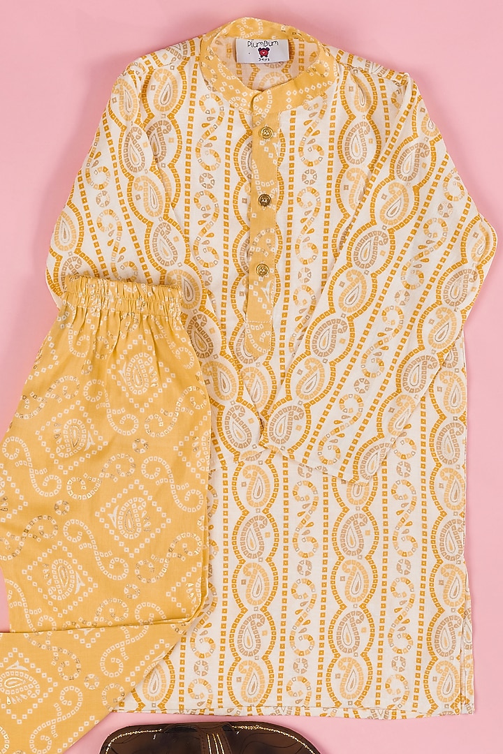 Yellow Cotton Rayon Bandhani Printed Kurta Set For Boys by The Plum Bum at Pernia's Pop Up Shop