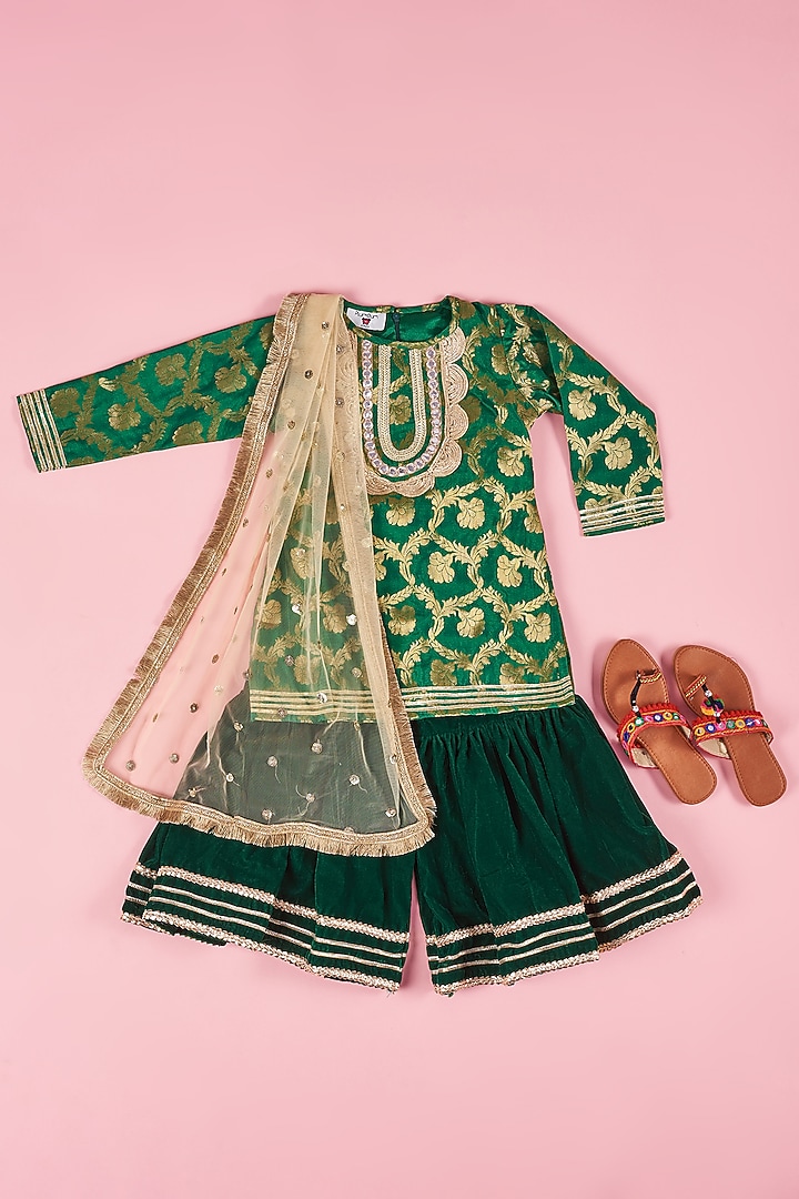 Green Velvet Sharara Set For Girls by The Plum Bum at Pernia's Pop Up Shop