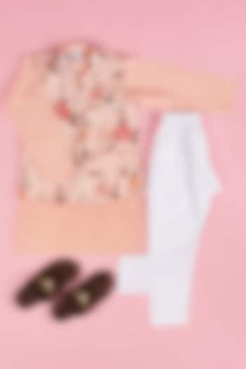 Peach Silk Floral Printed Bundi Jacket With Kurta Set For Boys by The Plum Bum