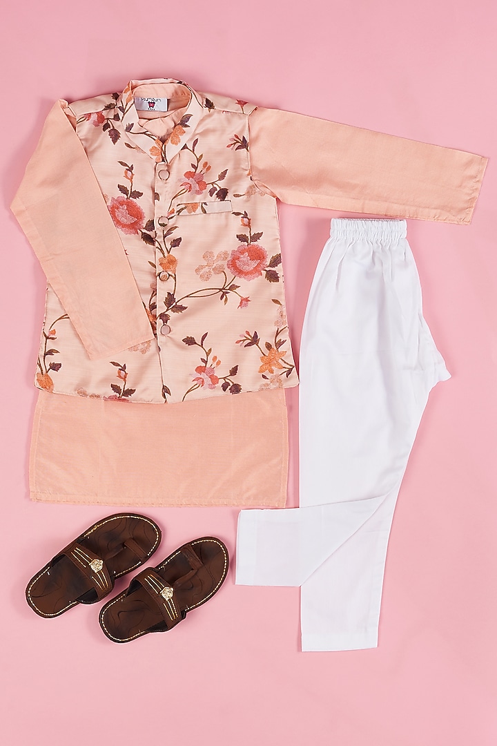 Peach Silk Floral Printed Bundi Jacket With Kurta Set For Boys by The Plum Bum at Pernia's Pop Up Shop