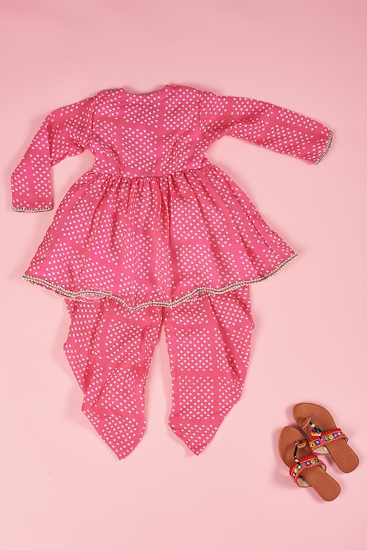 Hot Pink Georgette Satin Bandhani Printed Dhoti Set For Girls by The Plum Bum at Pernia's Pop Up Shop