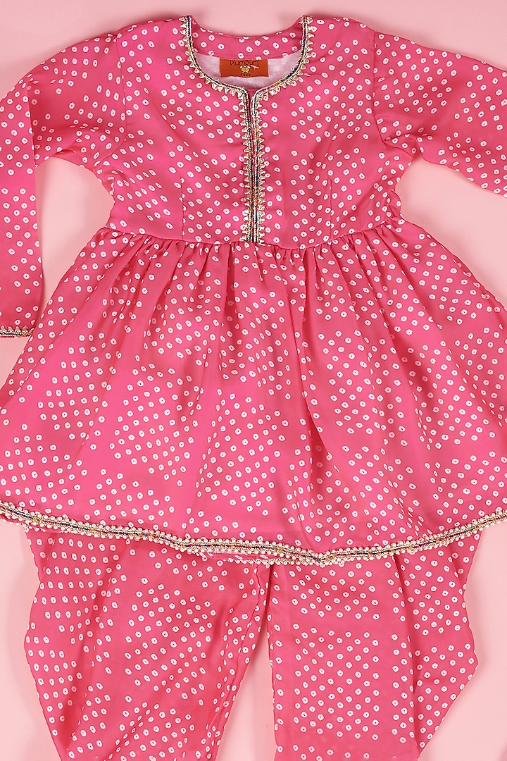 Hot Pink Georgette Satin Bandhani Printed Dhoti Set For Girls by The Plum Bum at Pernia's Pop Up Shop