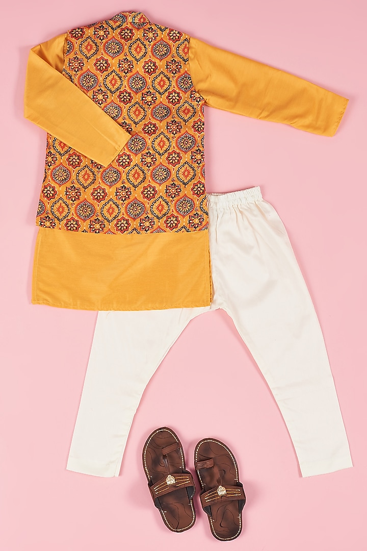 Yellow Cotton Silk Kurta Set With Printed Nehru Jacket For Boys by The Plum Bum at Pernia's Pop Up Shop