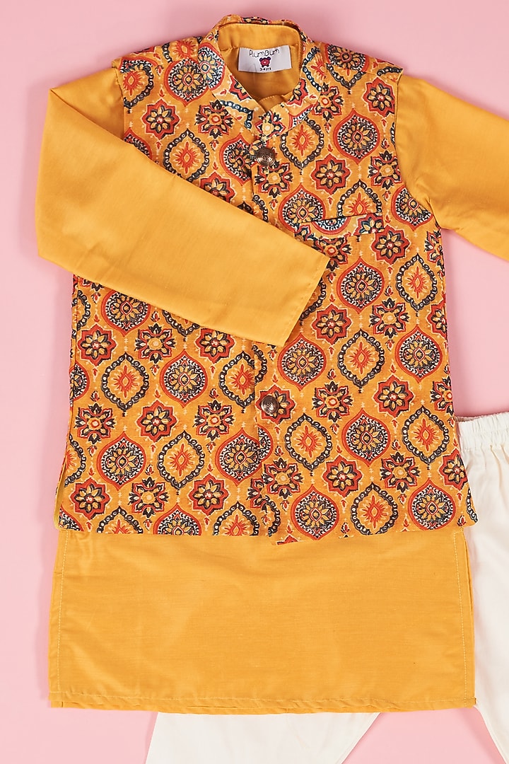 Yellow Cotton Silk Kurta Set With Printed Nehru Jacket For Boys by The Plum Bum at Pernia's Pop Up Shop