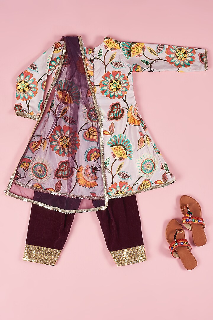 Purple Velvet Printed Kurta Set For Girls by The Plum Bum at Pernia's Pop Up Shop