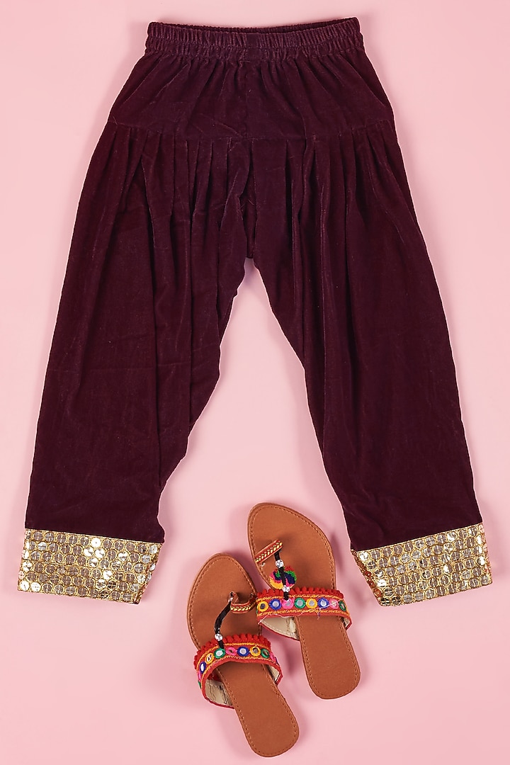 Purple Velvet Printed Kurta Set For Girls by The Plum Bum at Pernia's Pop Up Shop