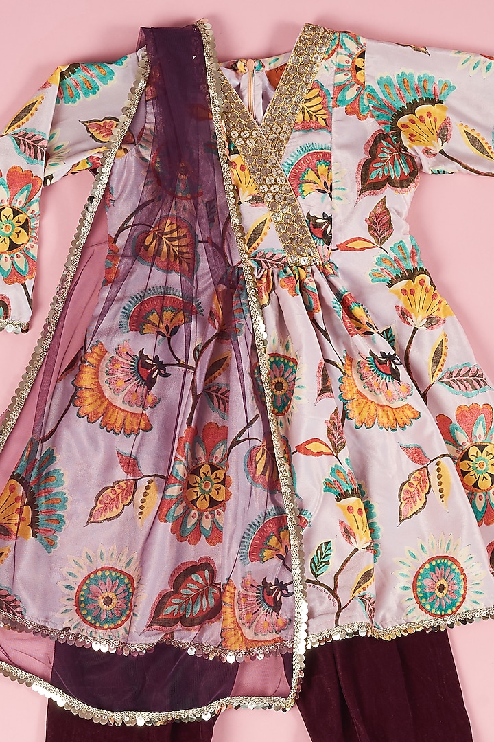 Purple Velvet Printed Kurta Set For Girls by The Plum Bum at Pernia's Pop Up Shop