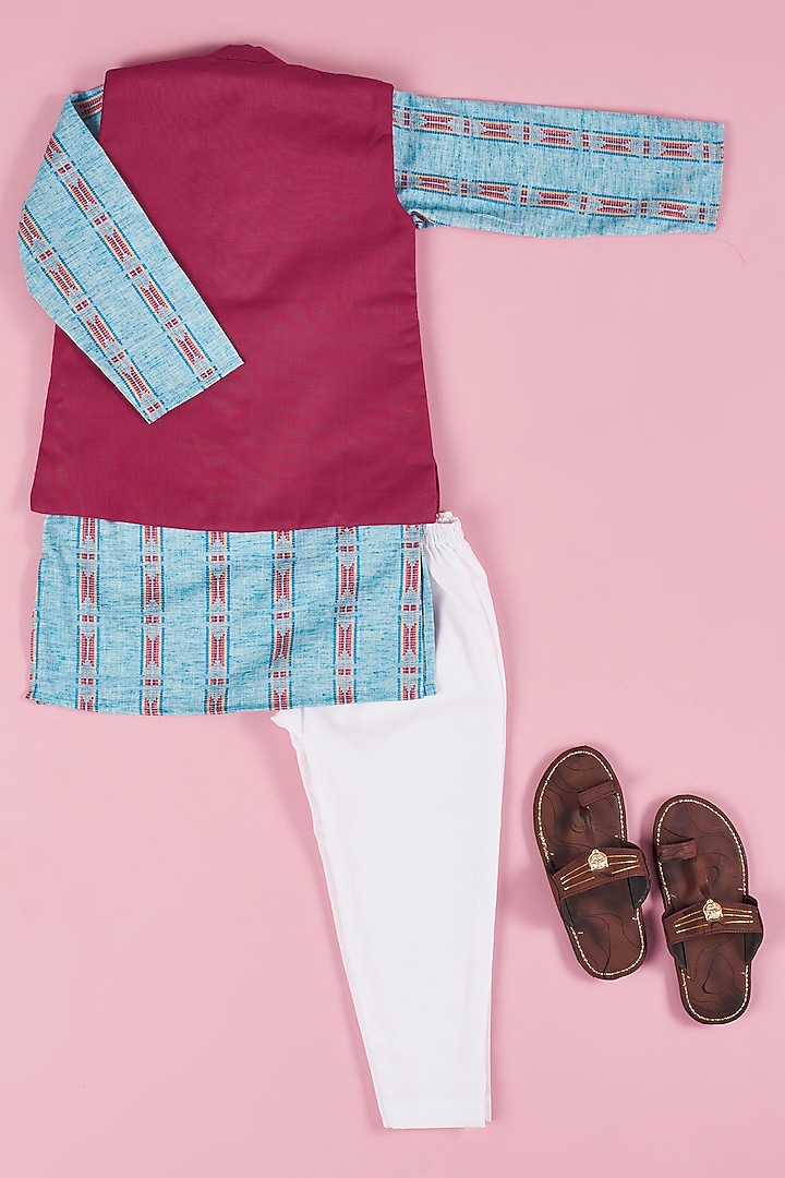 Cobalt Blue Cotton Kurta Set With Nehru Jacket For Boys by The Plum Bum at Pernia's Pop Up Shop