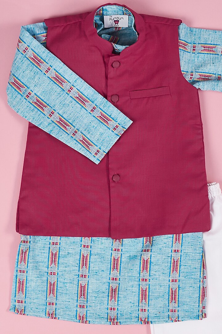 Cobalt Blue Cotton Kurta Set With Nehru Jacket For Boys by The Plum Bum at Pernia's Pop Up Shop