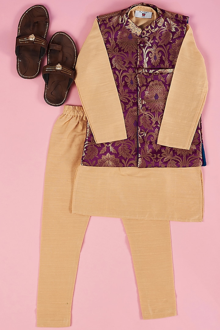 Purple Brocade Bundi Jacket With Kurta Set For Boys by The Plum Bum