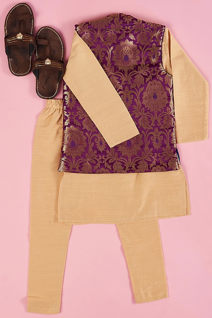Purple Brocade Bundi Jacket With Kurta Set For Boys by The Plum Bum at Pernia's Pop Up Shop