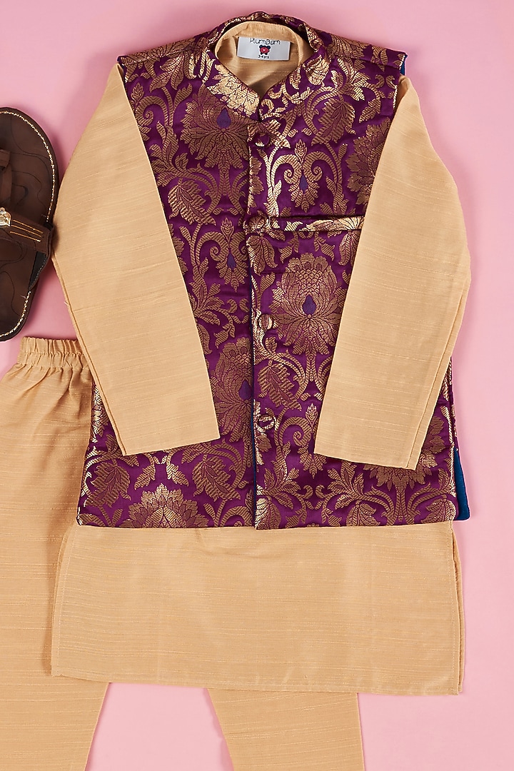 Purple Brocade Bundi Jacket With Kurta Set For Boys by The Plum Bum at Pernia's Pop Up Shop