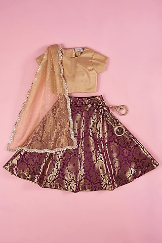 Purple Brocade Embroidered Lehenga Set For Girls by The Plum Bum