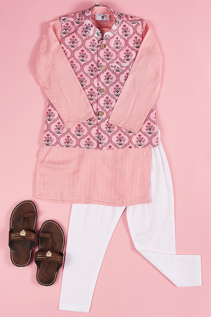 Pink Cotton Bundi Jacket With Kurta Set For Boys by The Plum Bum