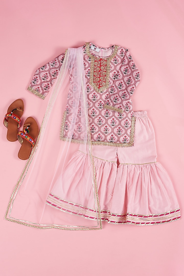 Pink Cotton Silk Sharara Set For Girls by The Plum Bum
