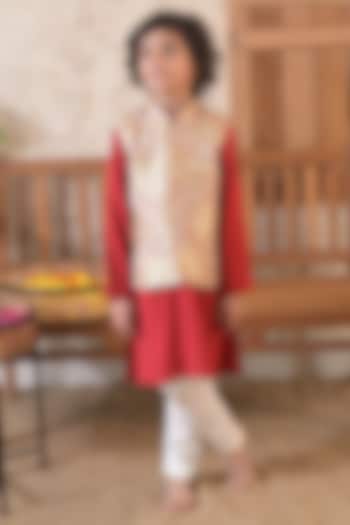 Golden Beige Silk Blend Jacket Set For Boys by The Plum Bum at Pernia's Pop Up Shop