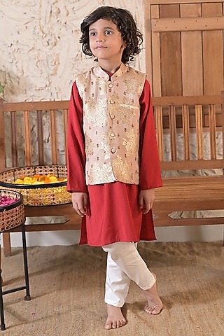 Golden Beige Silk Blend Jacket Set For Boys by The Plum Bum