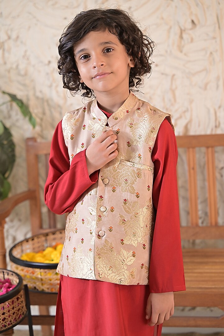 Golden Beige Silk Blend Jacket Set For Boys by The Plum Bum at Pernia's Pop Up Shop