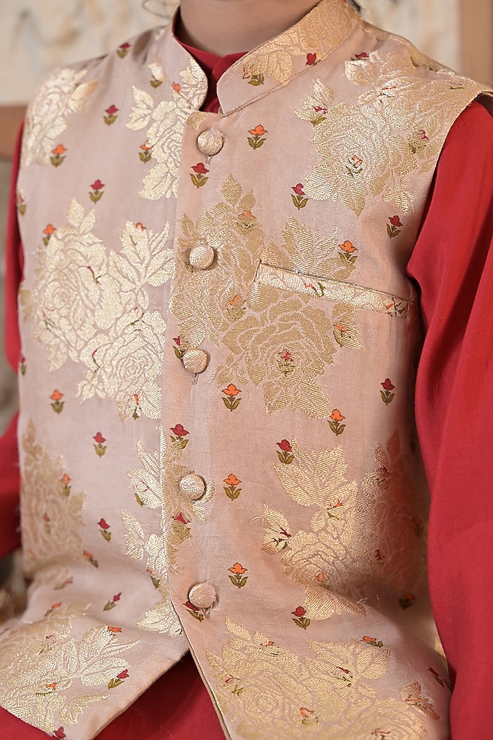 Golden Beige Silk Blend Jacket Set For Boys by The Plum Bum at Pernia's Pop Up Shop