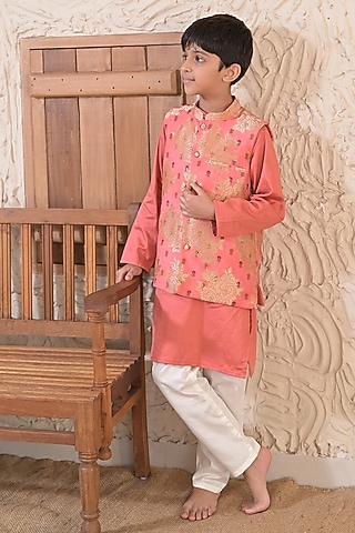 Multi-Colored Silk Blend Jacket Set For Boys by The Plum Bum