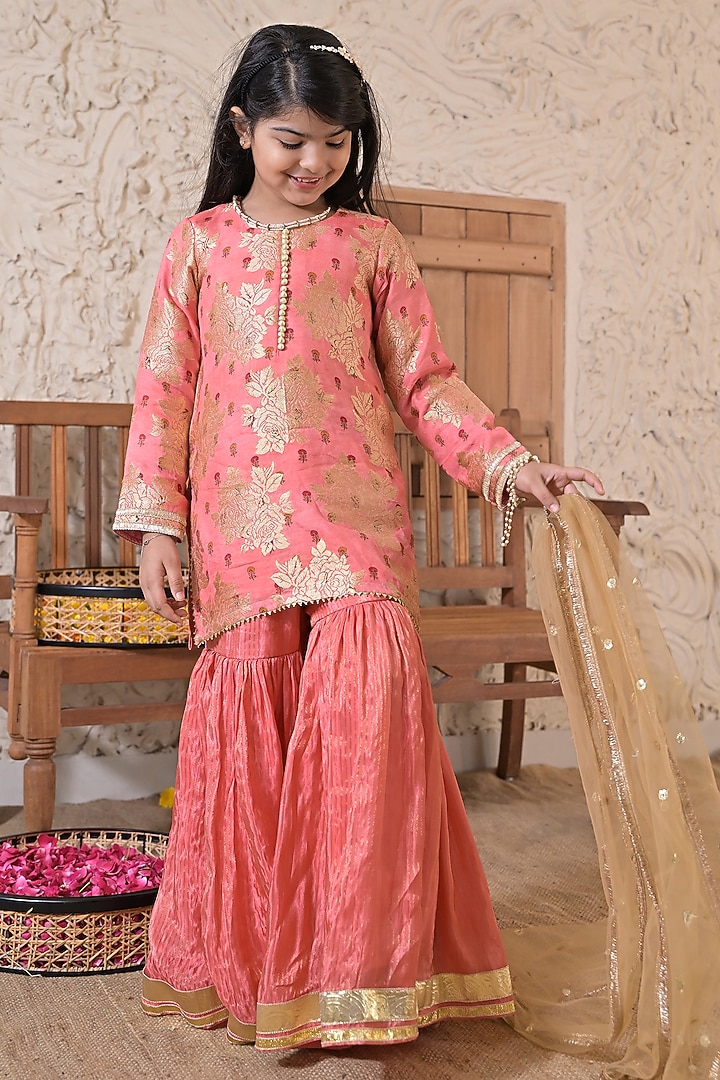 Rusty Pink Striped Tissue Sharara Set For Girls by The Plum Bum at Pernia's Pop Up Shop