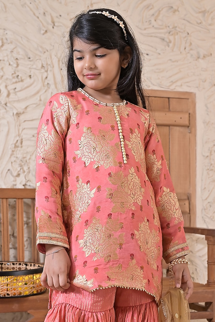 Rusty Pink Striped Tissue Sharara Set For Girls by The Plum Bum at Pernia's Pop Up Shop