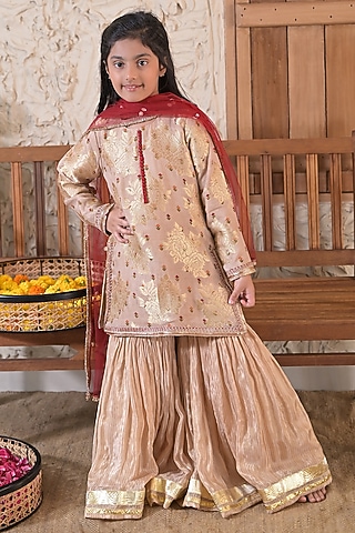 Golden Striped Tissue Sharara Set For Girls by The Plum Bum