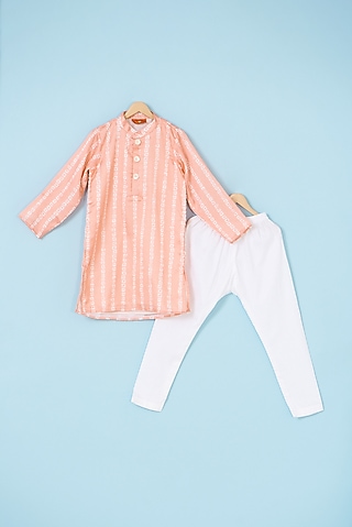 Peach Satin Printed Kurta Set For Boys by The Plum Bum