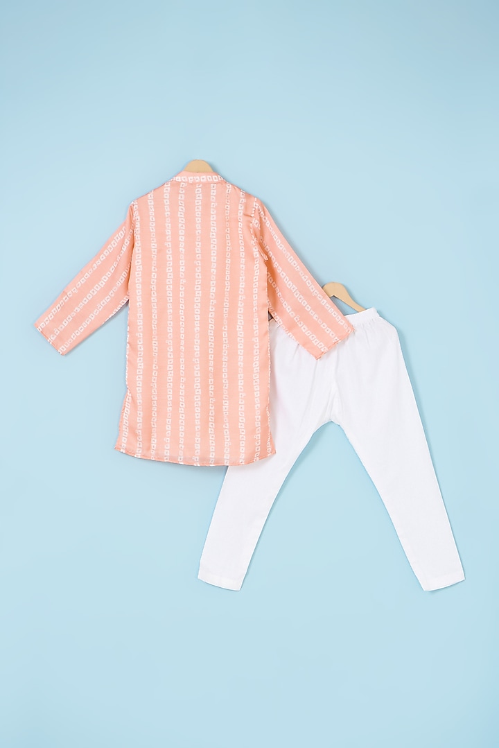 Peach Satin Printed Kurta Set For Boys by The Plum Bum at Pernia's Pop Up Shop