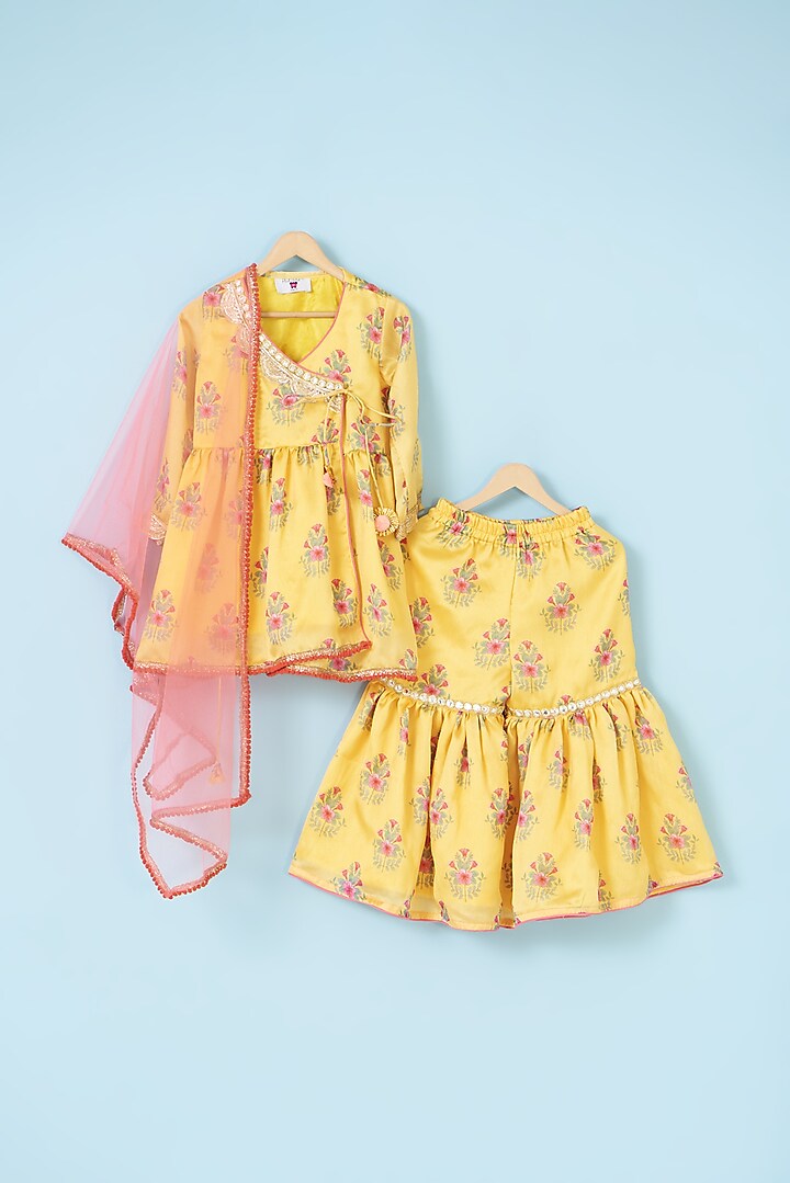 Yellow Satin Georgette Printed Sharara Set by The Plum Bum at Pernia's Pop Up Shop