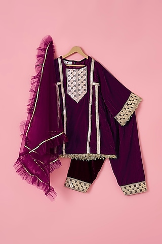 Wine Velvet A-Line Kurta Set For Girls by The Plum Bum