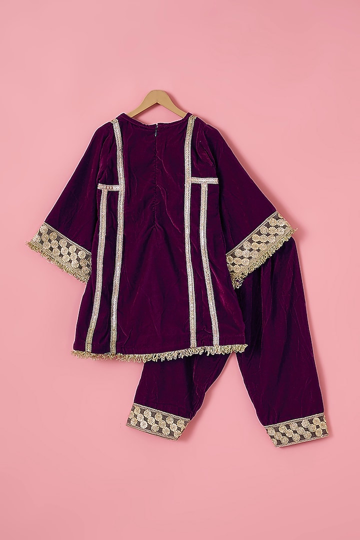 Wine Velvet A-Line Kurta Set For Girls by The Plum Bum at Pernia's Pop Up Shop
