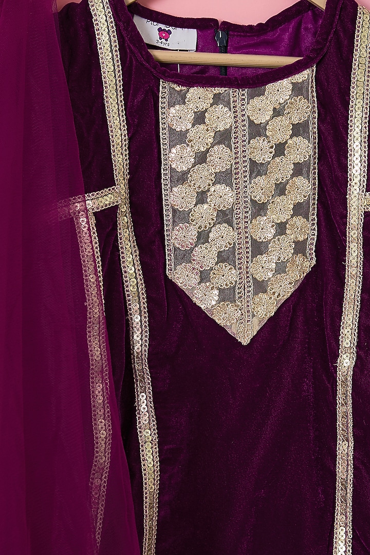 Wine Velvet A-Line Kurta Set For Girls by The Plum Bum at Pernia's Pop Up Shop