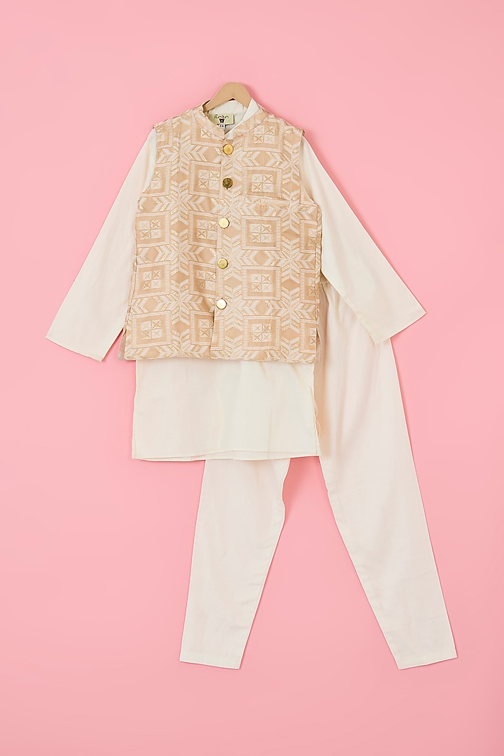 Beige Glace Cotton & Silk Blend Nehru Jacket Set For Boys by The Plum Bum