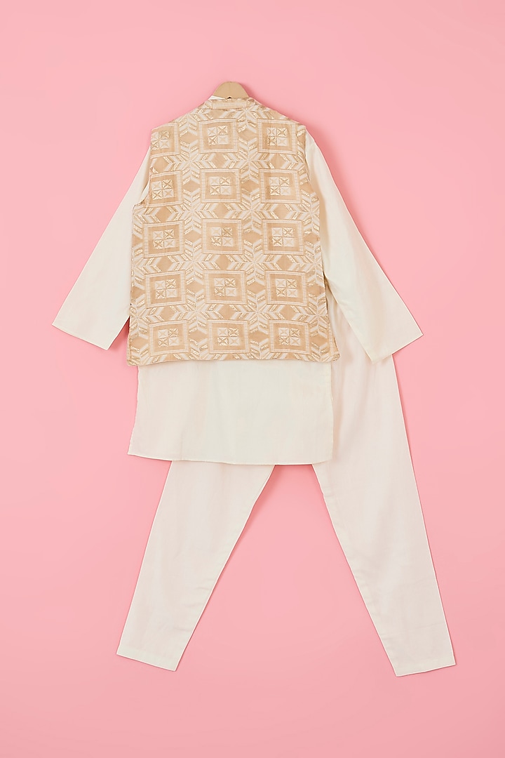 Beige Glace Cotton & Silk Blend Nehru Jacket Set For Boys by The Plum Bum at Pernia's Pop Up Shop