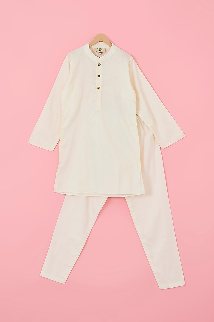 Beige Glace Cotton & Silk Blend Nehru Jacket Set For Boys by The Plum Bum at Pernia's Pop Up Shop