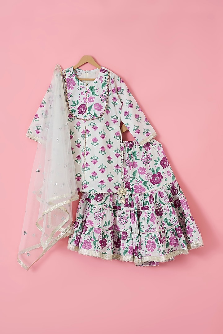 Mauve & White Cotton Handblock Printed Sharara Set For Girls by The Plum Bum at Pernia's Pop Up Shop