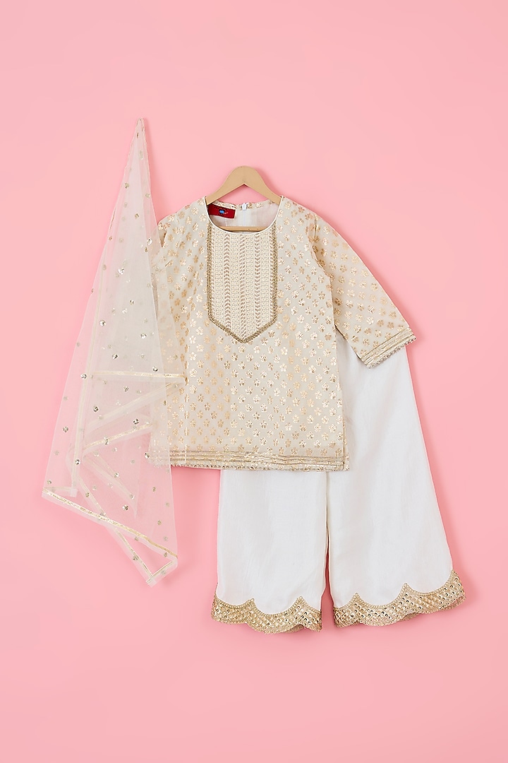 Beige Badla Chanderi & Silk Blend Kurta Set For Girls by The Plum Bum at Pernia's Pop Up Shop