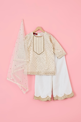 Beige Badla Chanderi & Silk Blend Kurta Set For Girls by The Plum Bum