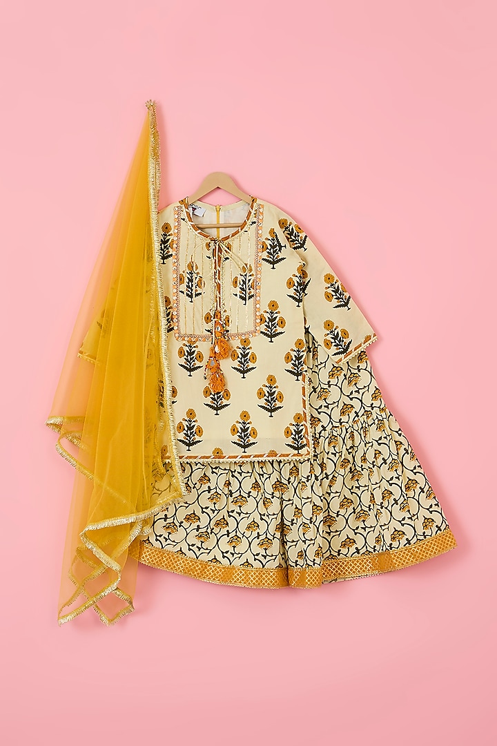 Yellow Cotton Handblock Printed Sharara Set For Girls by The Plum Bum at Pernia's Pop Up Shop