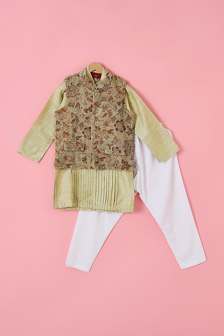 Green Velvet & South Silk Sequinned Nehru Jacket Set For Boys by The Plum Bum